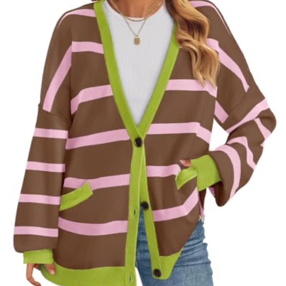 MEROKEETY NWT Brown Pink Striped Oversized Cardigan Sweater Size Large